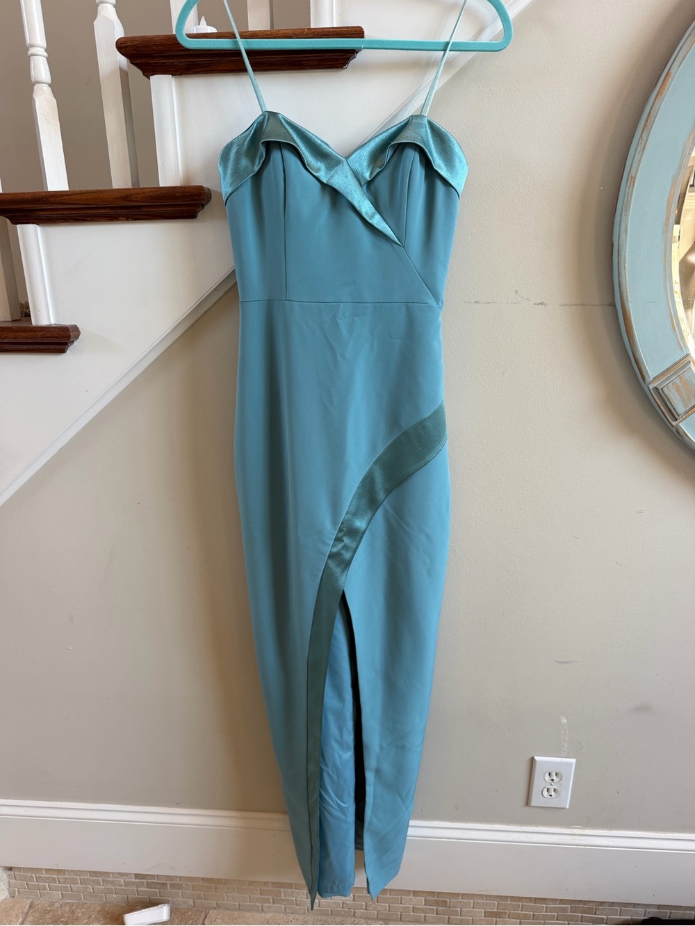 Blue Heaven Strapless Slit Gown Aidan matrix sz 8 teal blue